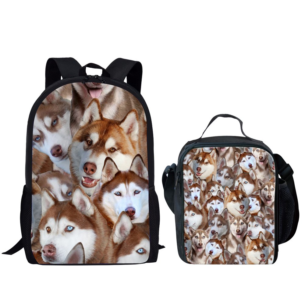 HUGS IDEA Huskies Pattern Cute Kids Backpack Set 2 Piece School Bag and Lunch Box for Teen Boys