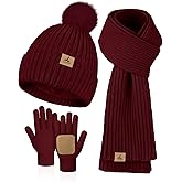 LOROME Women Winter Beanie Hat Scarf Gloves Set, Fleece Knitted Pompom Hat Warm Neck Scarf Touchscreen Gloves Winter Gift