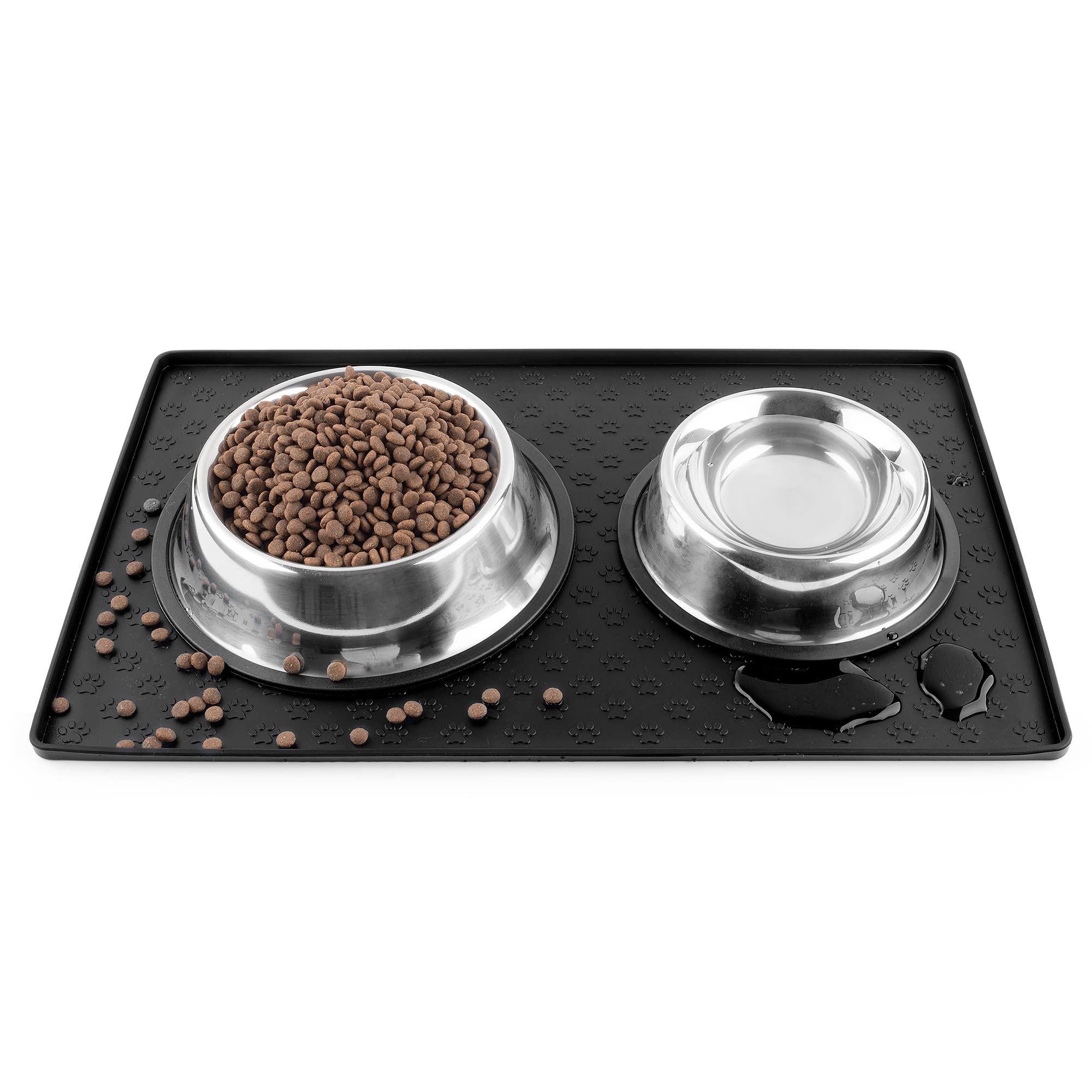 Pet Feeding Mat for Dogs Cats Rabbits, Non-Slip Grip for Wood Floor or Carpet, Silicone Waterproof Mat for Bowls Food Treats (M: 18.9x11.8in, Black)