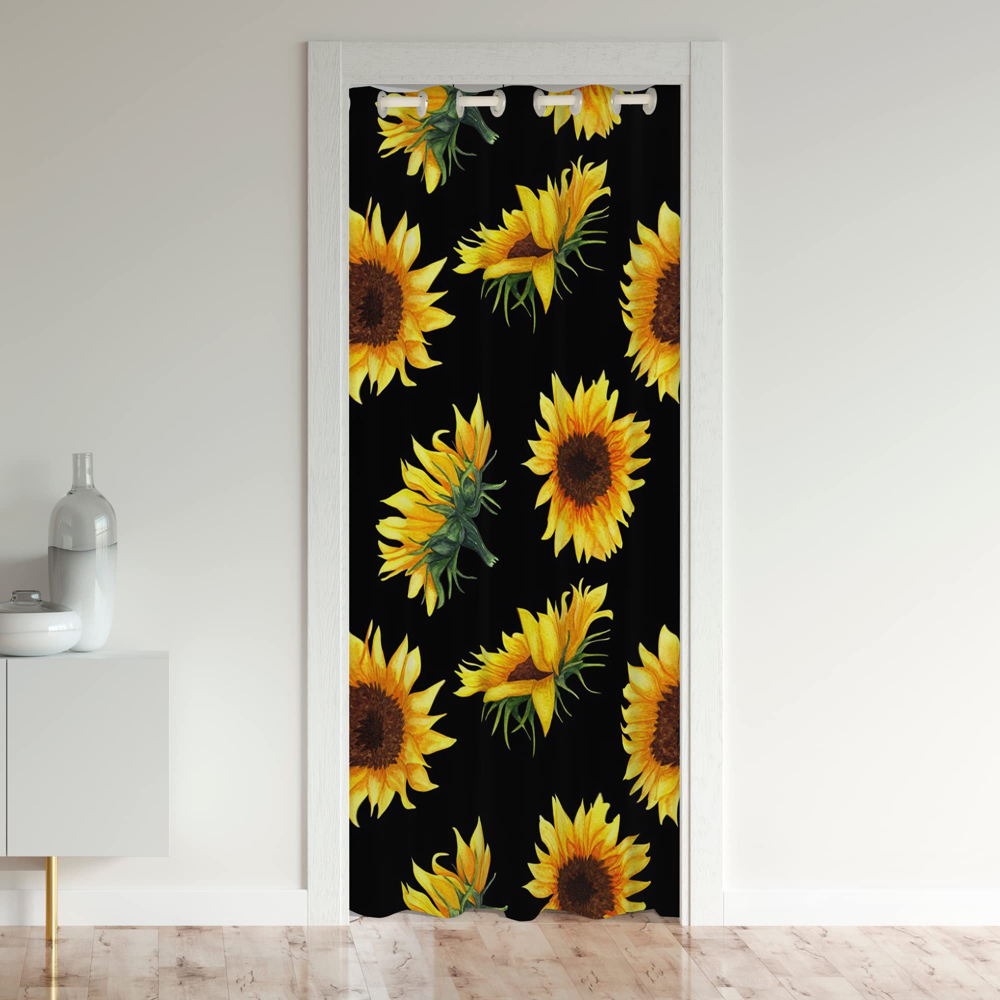 Loussiesd Sunflower Door Curtain for Doorway Privacy 132x203cm 1 Panel Yellow Flowers Pattern Closet Door Cover Curtain Floral Print Botanical Print Black 30%-50% Room Darkening Blackout Curtain