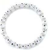 JEWELRIESHOP Turkish Evil Eye Bracelet Murano Glass Beads Beaded Clear Crystal Spacer Bracelet for Women (6-8mm, Blue Red Black White Mix Color Eye Beads)