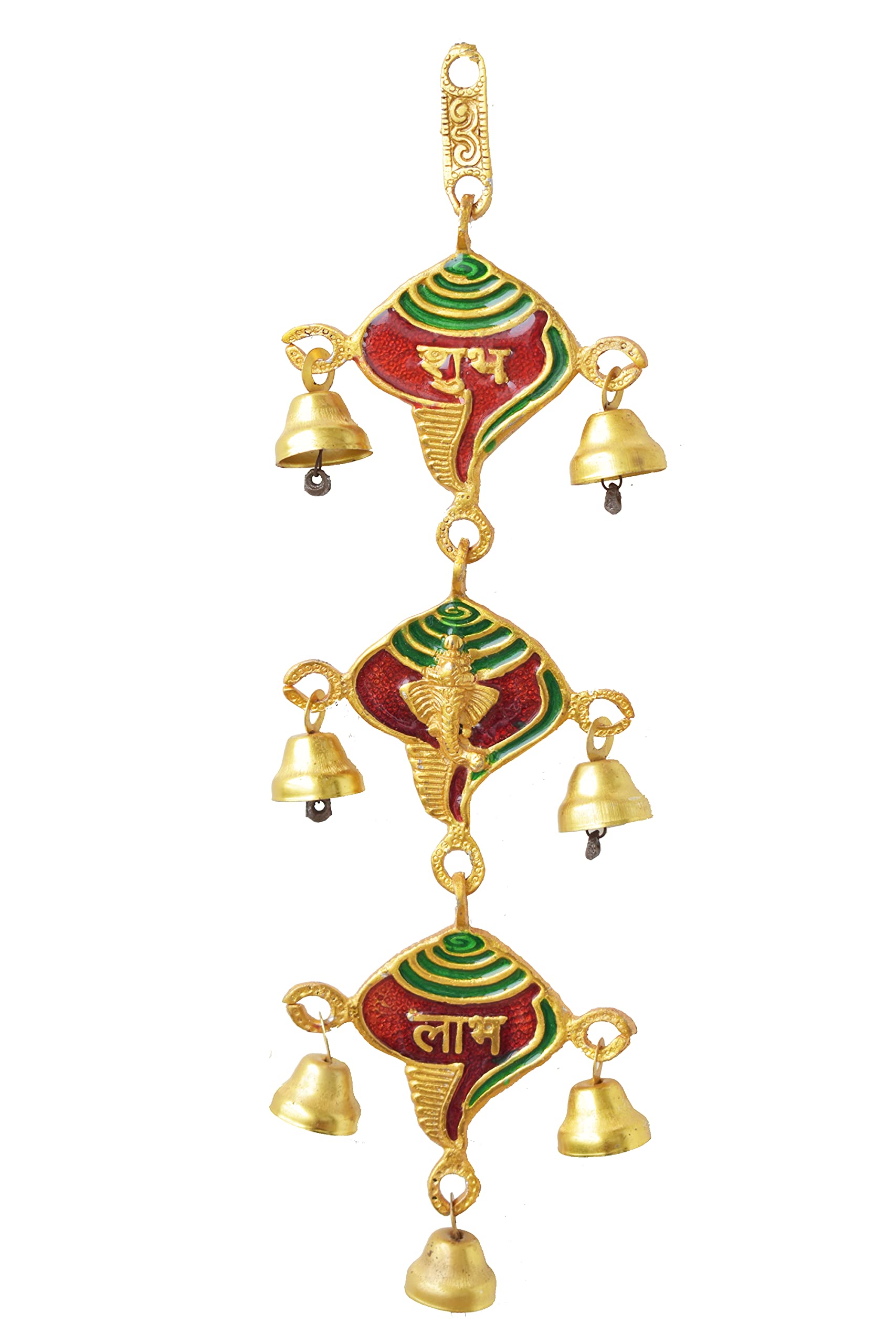 Photo 1 of Metal Shubh Labh Wall Door Hanging with Bells Traditional Indian Religious Décor Decoration Home Office Temple Gifting, Shankh Shape Size- 12"