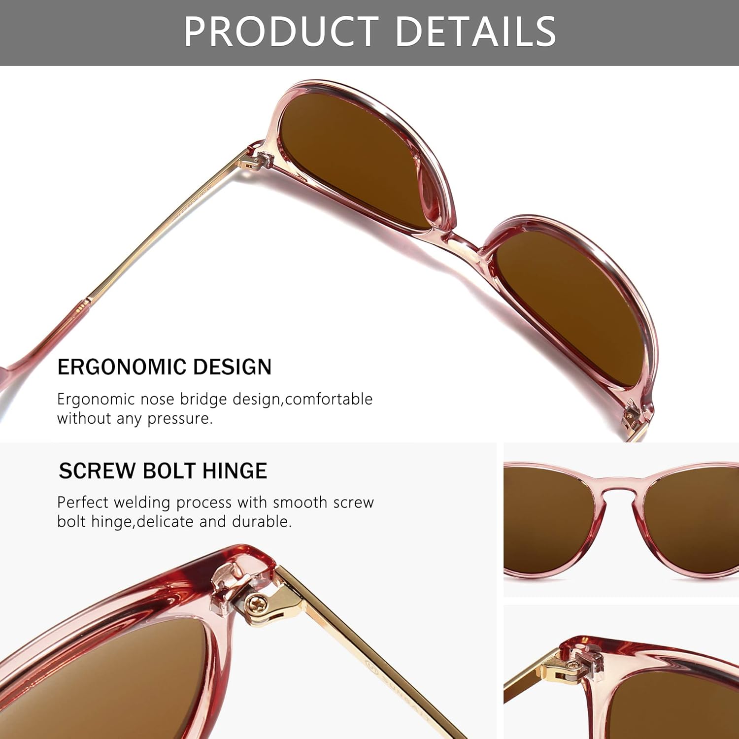 SUNGAIT Vintage Round Sunglasses for Women Men Classic Retro Designer Style (Polarized Light-Brown Lens/Pink Brown Frame(Glossy Finish) SGT567 PGTCKC: Clothing