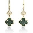 Lavari Jewelers Flower Dangle Drop Earrings for Women - Black Onyx Green Malachite or Mother of Pearl & Cubic Zirconia in 925 Sterling Silver Clover - Hypoallergenic Gold Plated - Secure Hinge Post