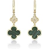 Lavari Jewelers Flower Dangle Drop Earrings for Women - Black Onyx Green Malachite or Mother of Pearl & Cubic Zirconia in 925 Sterling Silver Clover - Hypoallergenic Gold Plated - Secure Hinge Post