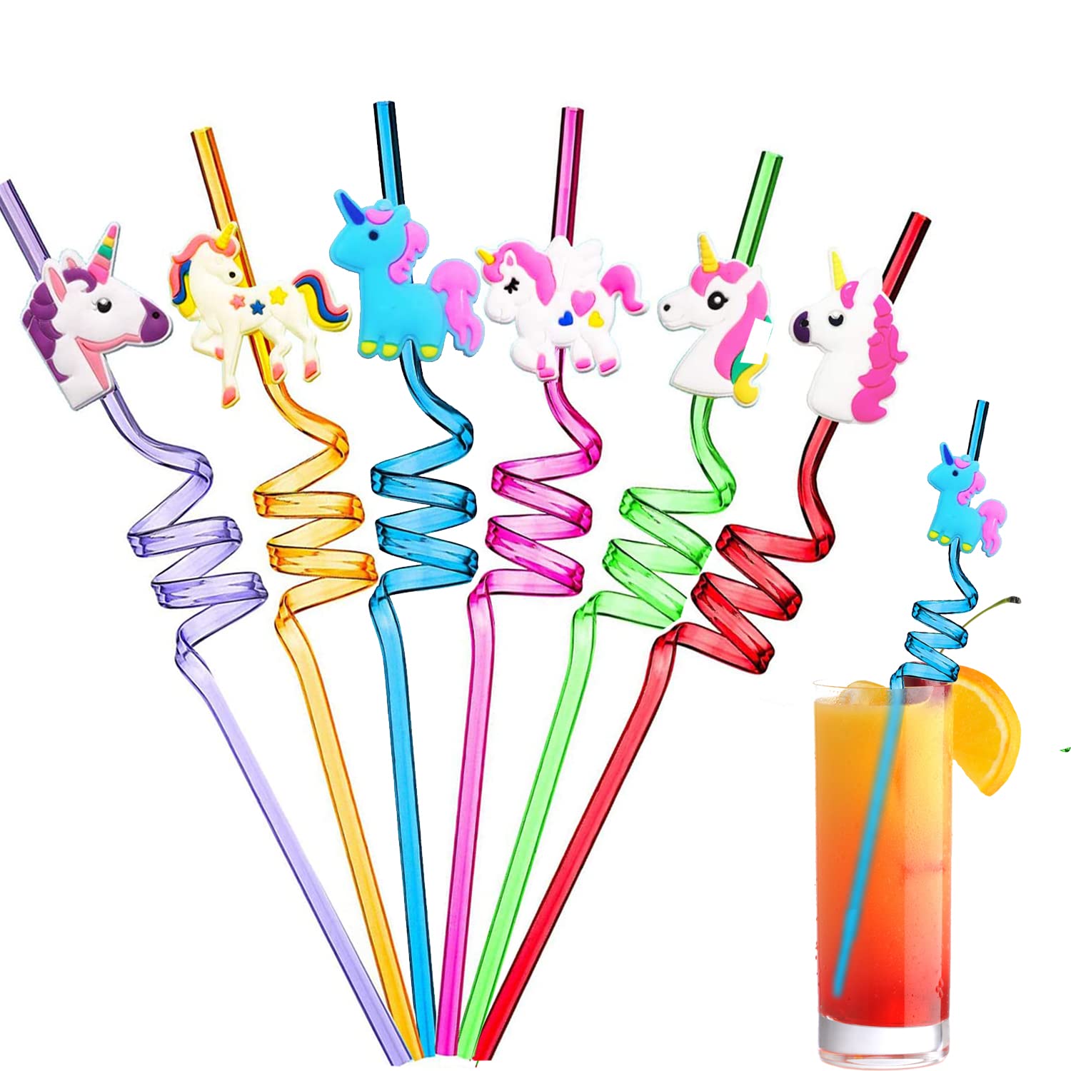 Ulife Mall Reusable Drinking Straws Novelty Unicorn Party Straw Curly Hard Plastic Straws Kids Birthday Party Decorations Supplies Family Reunion Favors - Pack of 6