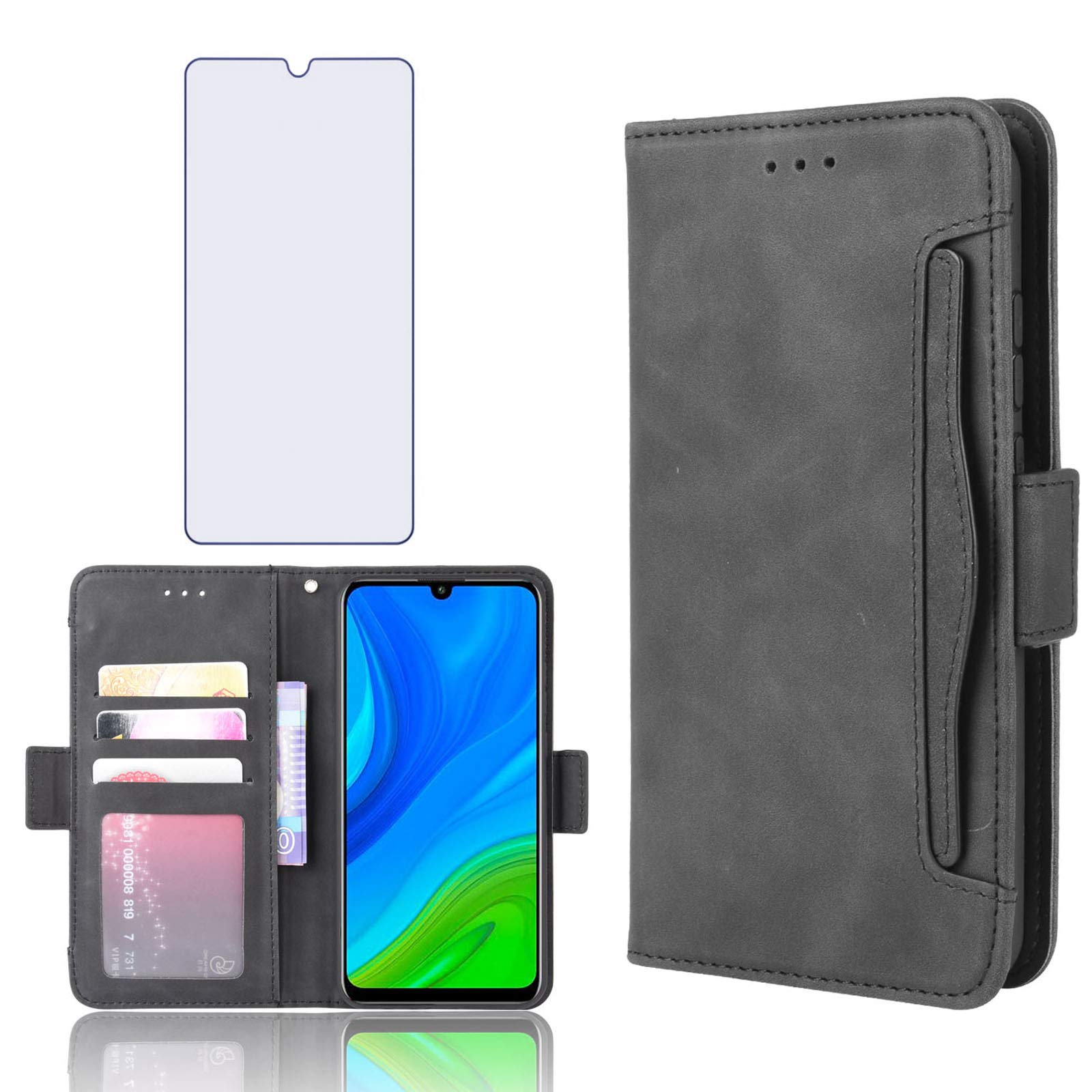 Asuwish Compatible with P Smart 2020 Wallet Case Tempered Glass Screen Protector and Leather Flip Card Holder Stand Kickstand Shockproof Cell Accessories Phone Cases for PSmart Women Men Black