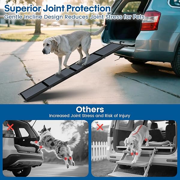 HBTOWER 63″ LONG & 17.3″ WIDE FOLDING DOG RAMP FOR CAR, SUV & TRUCK – PORTABLE PET RAMP WITH NON-SLIP SURFACE, EXTRA WIDE STEPS FOR LARGE DOGS UP TO 250LBS