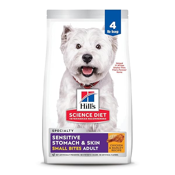 HILL’S SCIENCE DIET SENSITIVE STOMACH & SKIN, ADULT 1-6, STOMACH & SKIN SENSITIVITY SUPPORT, SMALL KIBBLE, DRY DOG FOOD, CHICKEN RECIPE, 4 LB BAG