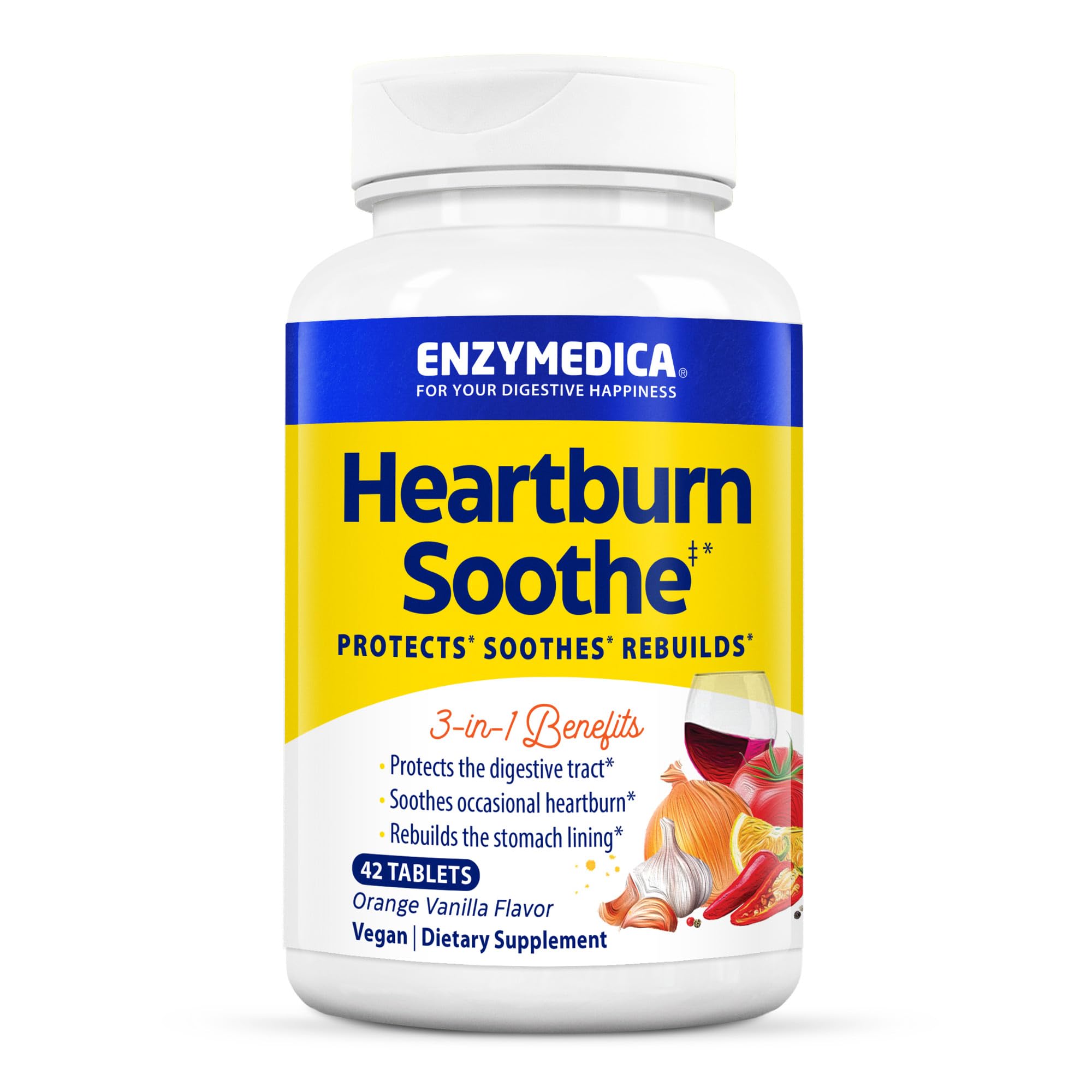 ENZYMEDICA - Heartburn Soothe (42 Chewable Tablets) | Vanilla/Orange Flavour | Digestive Support Enzyme Supplements | Digestive Enzymes Blend for Heartburn, Nutrient Supplements, Gut Health Supplement