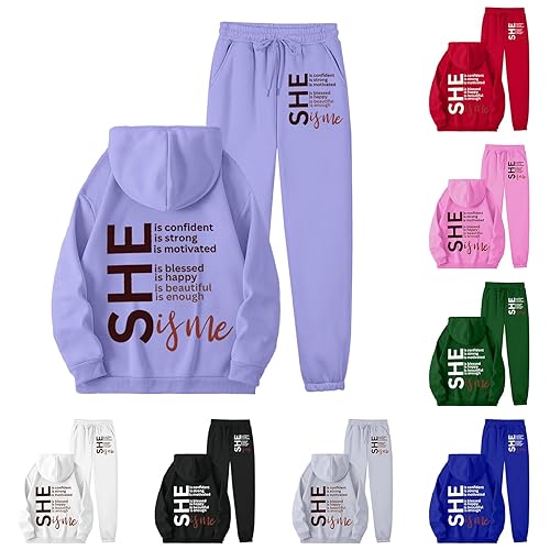 DUHGBNE Womens Track Suits Cotton Tracksuit Womens Full Set Fashion Print Long Sleeve Hooded Sweatshirt and Elastic Waist Pants with Drawstring S Tracksuit Bottoms