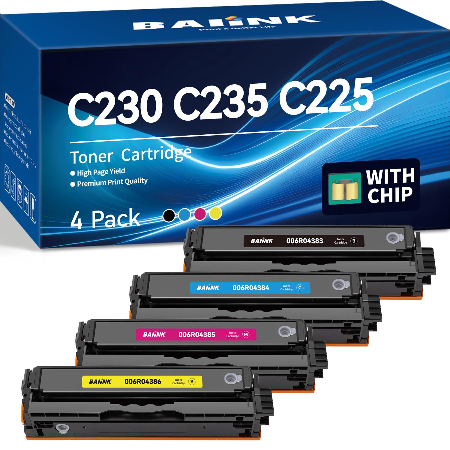 Photo 1 of BAIINK Remanufactured C230 C235 C225 Toner Cartridge (with Chip) Replacement for Xerox C230 C235 C225 006R04383 006R04384 006R04385 006R04386 Work with Xerox C230DNI 235DNI Printers