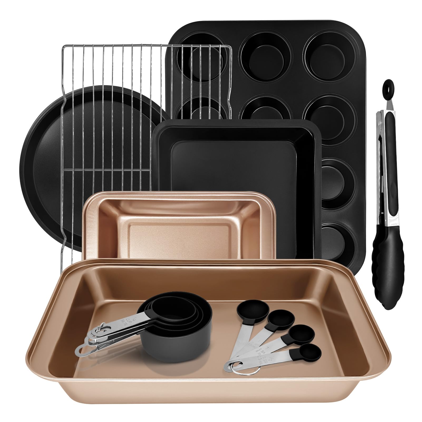 Photo 1 of 15pcs Nonstick Bakeware Set with Cooling Rack & Accessories, Baking Pan Set Includes Muffin Pan, Cake Pans, Loaf Pan, Baking Sheet, Measuring Cups & Tongs – Oven Safe Metal Bakeware for Home Baking