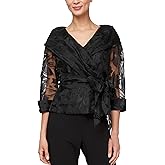 Alex Evenings Womens Portrait Collar Organza Blouse with Illusion Sleeves and Tie Belt