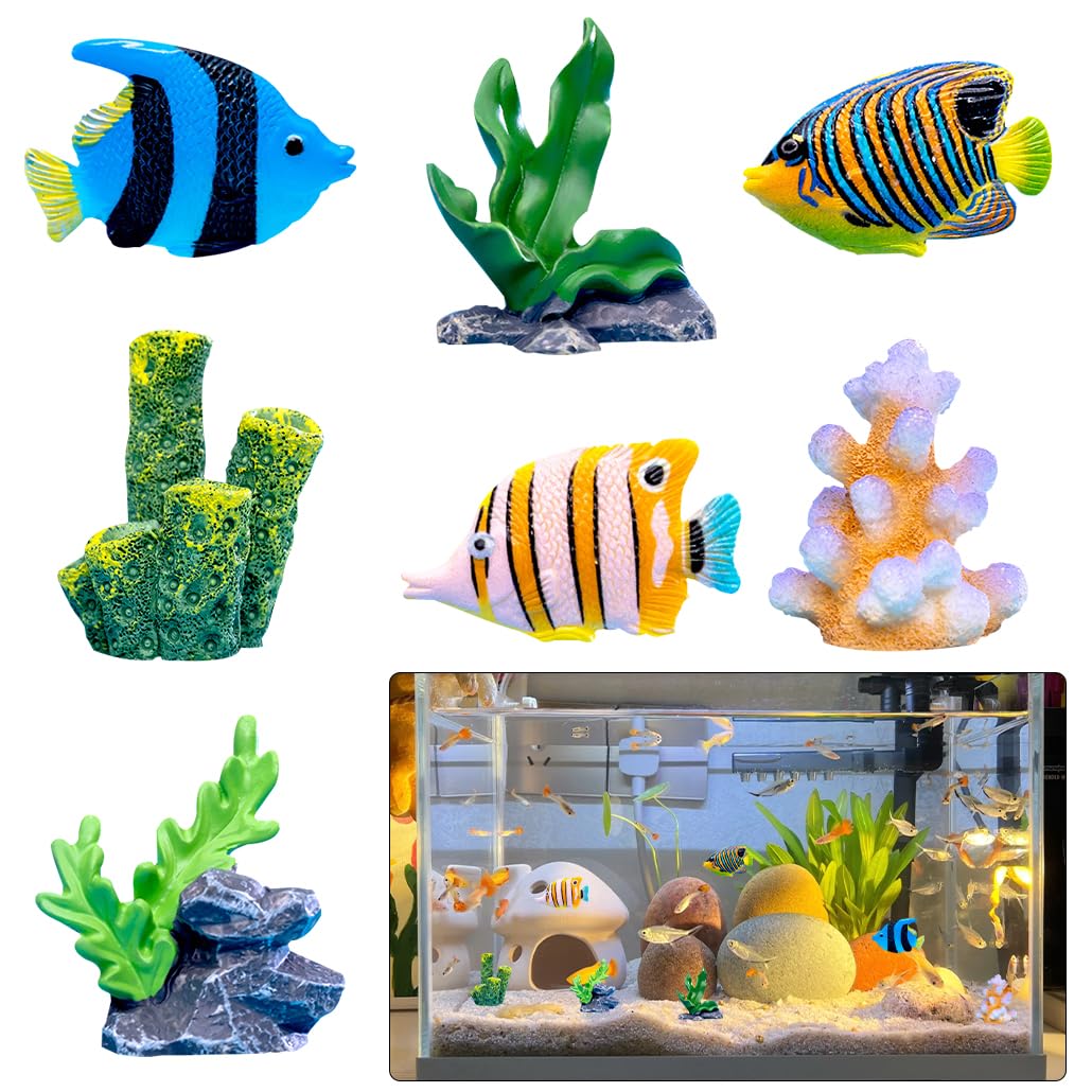 KyeeaDIY 7pcs Fish Tank Decorations Artificial Fishes Floating Aquarium Decorations Thematic Ornaments Artificial Resin Aquatic Plants for Cichlid Goldfish Fish Tank Accessories (7PCS), EU6M4187AM