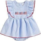 Ayalinggo Baby Girl 4th of July Outfits Newborn Smocked Bubble Romper Bodysuit Ruffle American Flag Memorial Day Outfit