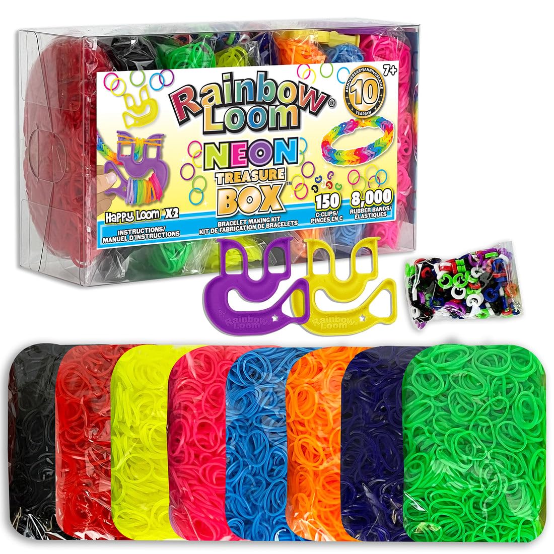 Rainbow Loom® Treasure Box NEON Edition, 8,000 Rubber Bands in 8 Different Neon Colors, and a Bonus of 2 Happy Looms, Great Activities for Boys and Girls 7+