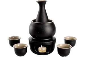 Tosnail 7 Pieces Ceramic Japanese Sake Set with Warmer, Hot Saki Set - Black