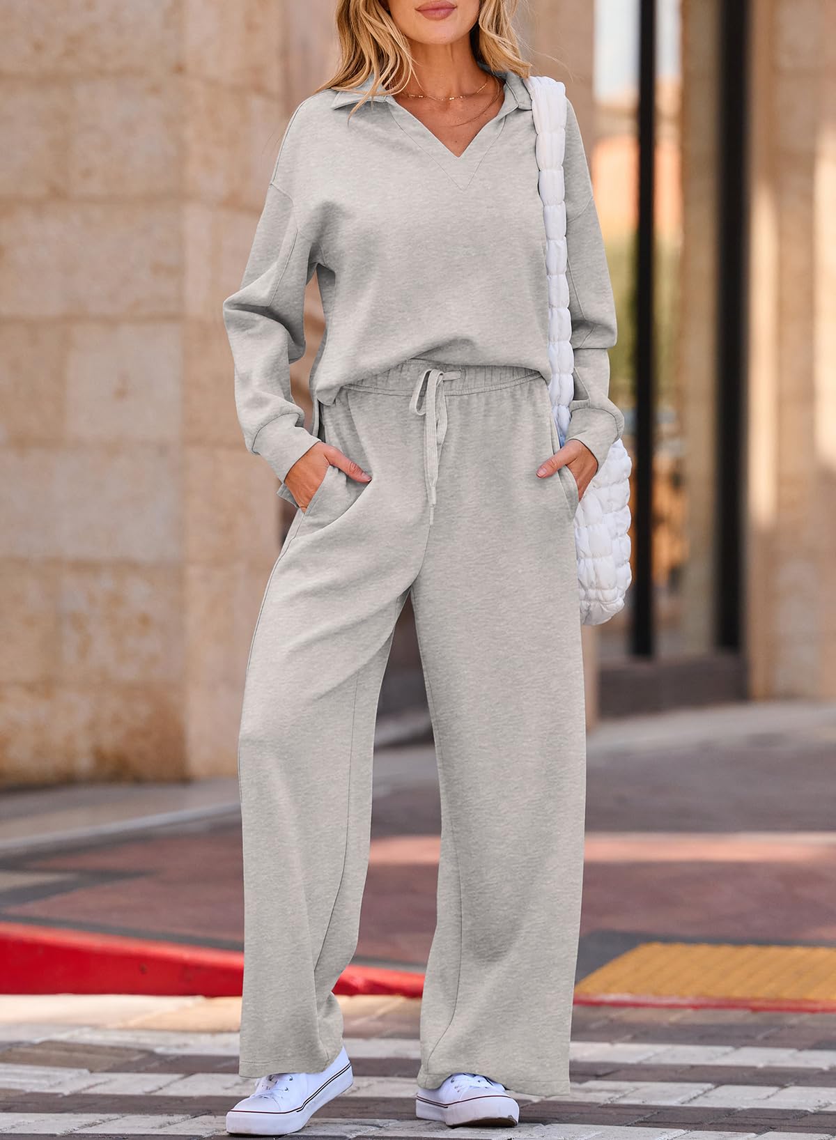 EVALESS 2 Piece Sets for Women Fall Spring 2025 Lounge Sets Casual Long Sleeve V Neck Sweatshirt and Wide Leg Sweatpants Sweatsuit Matching Sets Women Outfits Clothing Gray Medium - Image 2