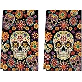 Artoid Mode Flower Sugar Skull Day of The Dead Kitchen Towels Dish Towels, 18x26 Inch Farmhouse Halloween Mexican Decor Hand Towels Set of 2