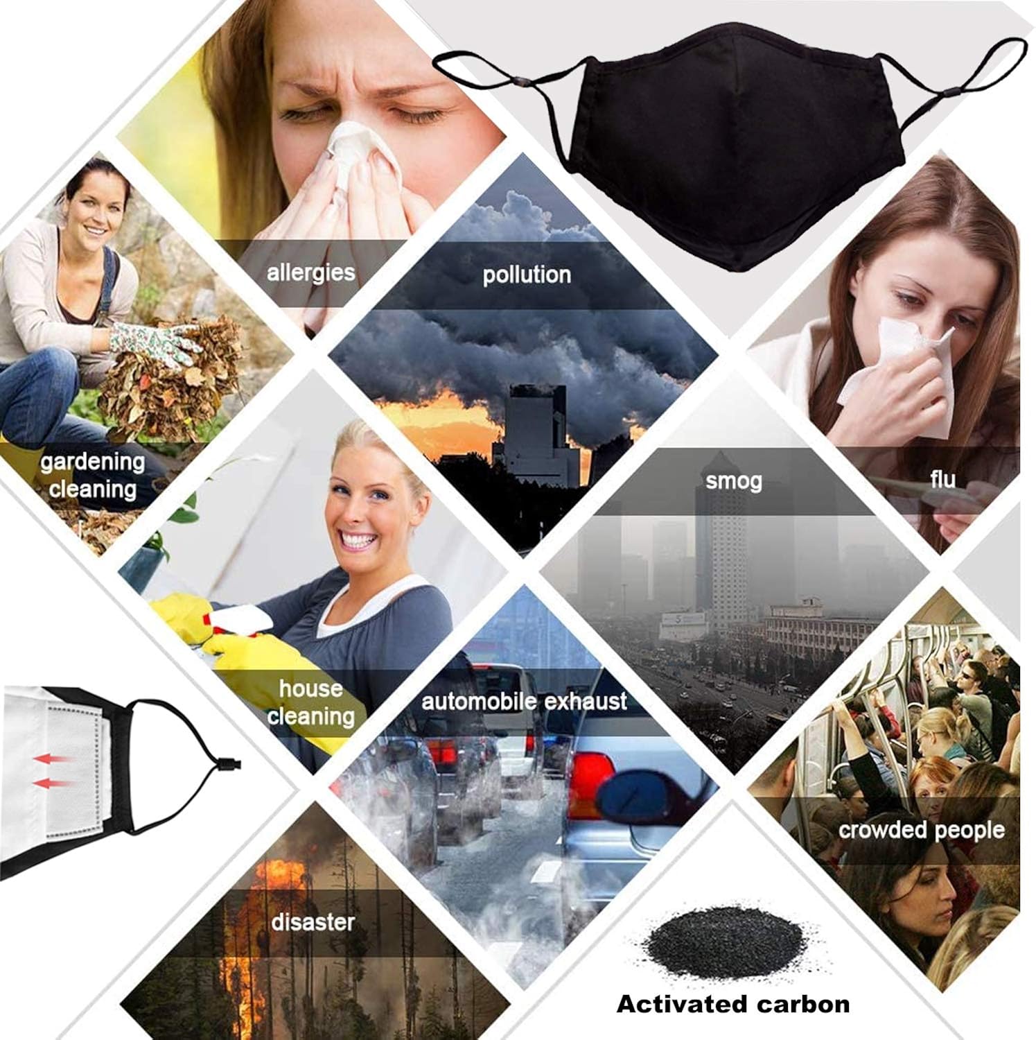 (5 Pack) Reusable Cloth Face Mask,Black Unisex Washable Breathable Cotton Masks Adjustable Cloth for Men and Women: Clothing