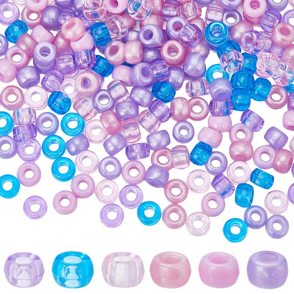 SUNNYCLUE 600Pcs Pony Beads Bulk 6x9mm Plastic Pony Bead Opaque Pearl Transparent Blue Purple Pink Craft Kandi Hair Braid for Jewellery Making Beading Kits DIY Crafts