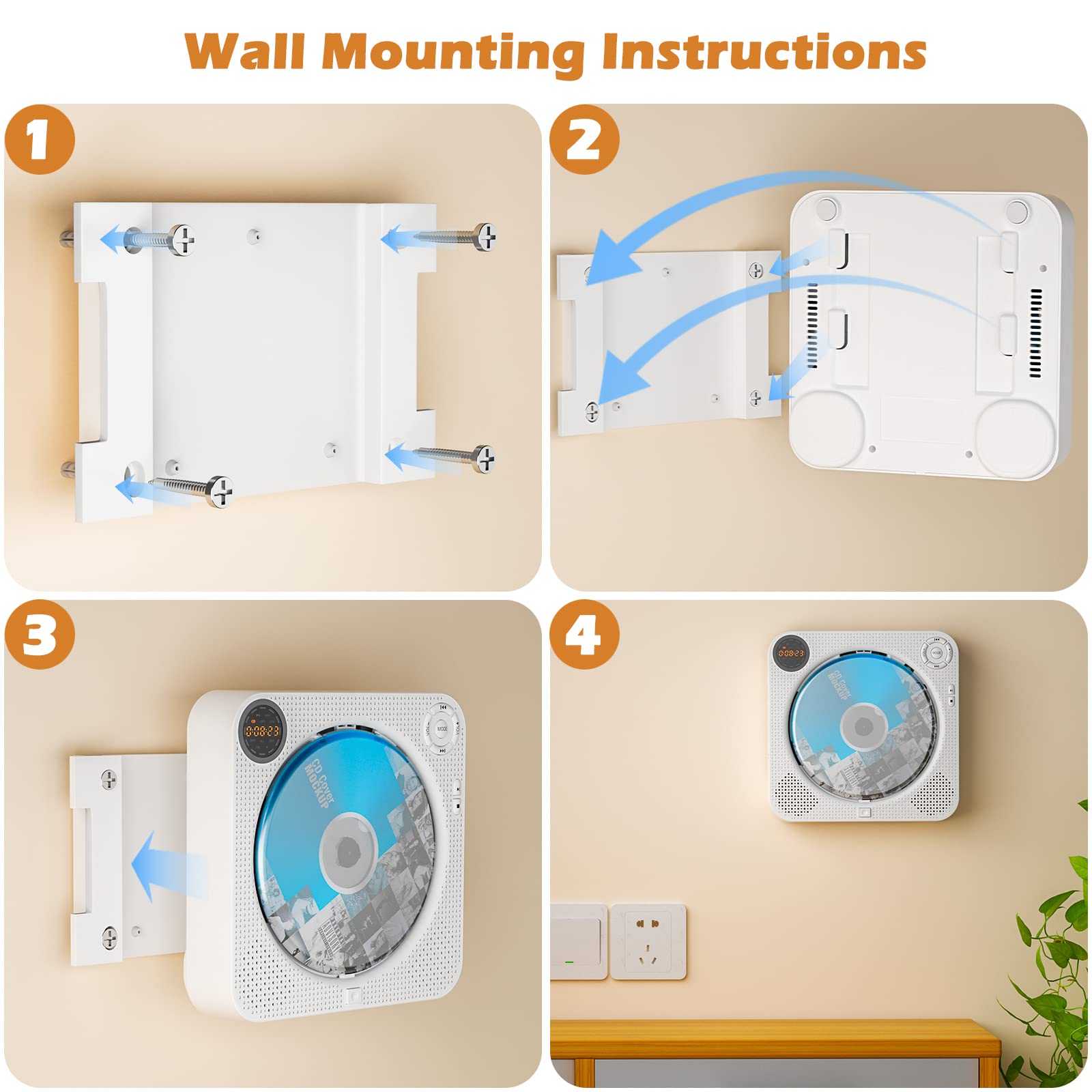 Desobry Portable Bluetooth CD Player with Speakers Wall CD Player for Home with Remote Control FM Radio Digital Screen Headphone Jack Support AUX