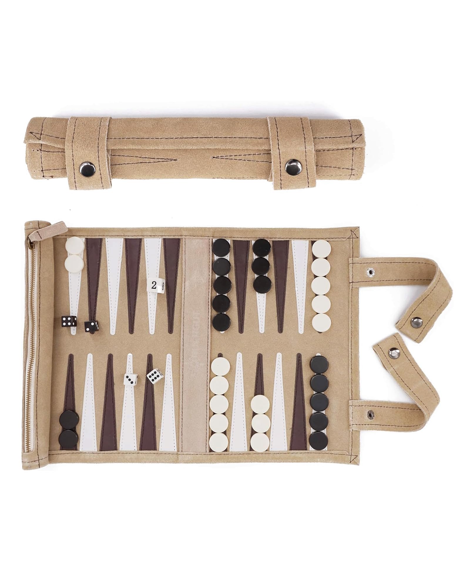SONDERGUT - Backgammon - Travel Backgammon Set - Genuine Leather (Mocha) (Cream)