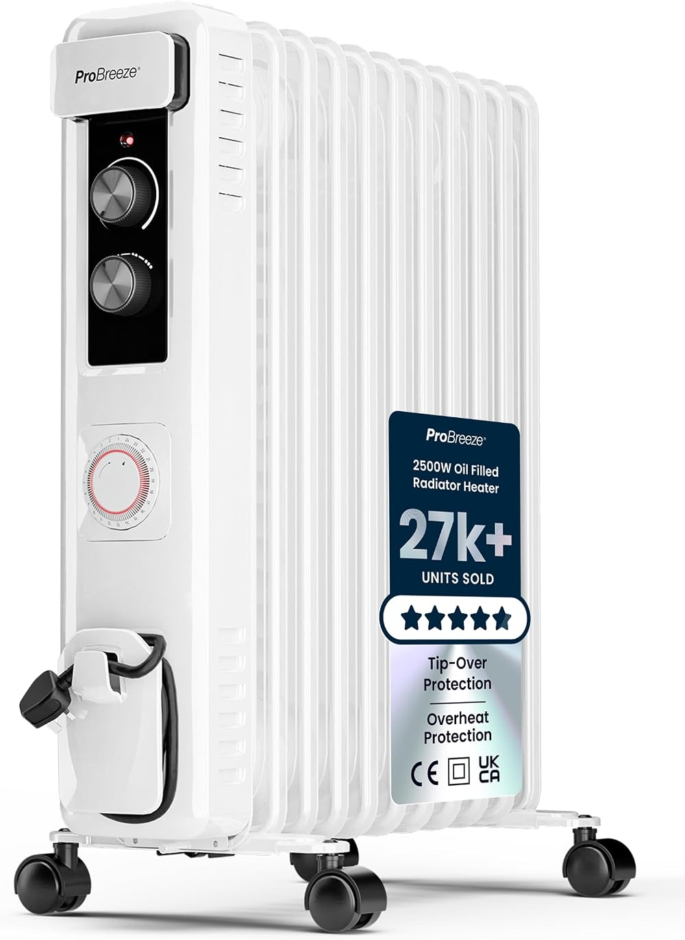 Pro Breeze 2500W Oil Filled Radiator 11 Fins with 24h Timer White
