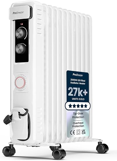 Pro Breeze 2500W Oil Filled Radiator 11 Fins with 24h Timer White