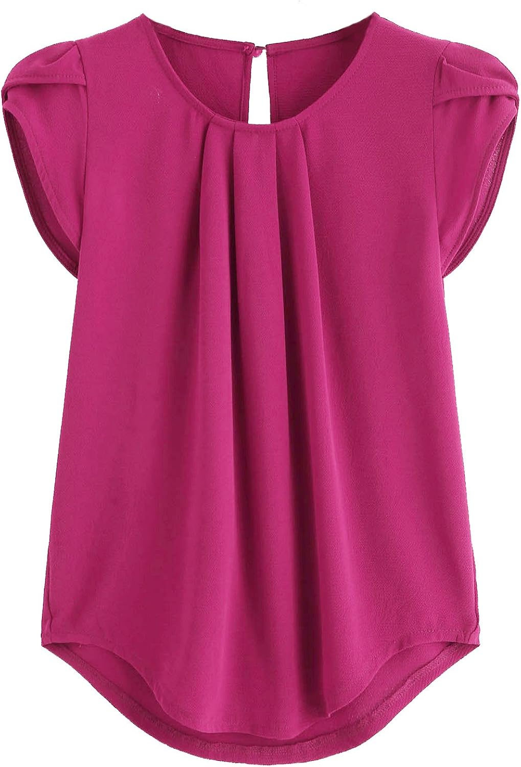 Milumia Women's Casual Round Neck Basic Pleated Top Cap Sleeve Curved Keyhole Back Blouse: Clothing