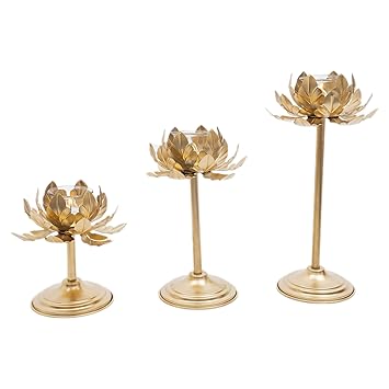 Standing Tealight Holder with Glass for Diwali Decoration Diyas (Pack of 3) Diwali tealight Holder, Metal Candle Holder, Lotus Candle Standing Holder, Diwali Decoration, Diwali Gift