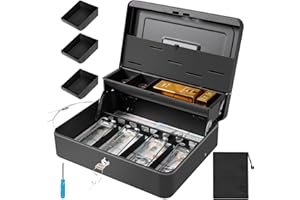 Polspag Large Cash Box with Security Cable & Coin Cover,Sturdy Steel Money Boxes with Money Tray and Key Lock, Portable Safe Locking Cash Boxes, Adjustable Coin Box,Deluxe Tired Safe Box (Black-Key)