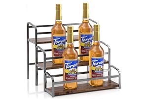 IYEBAU Coffee Syrup Rack,12 Bottle Capacity,3 Tier Coffee Bar Organizer,Kitchen Wine Rack,Coffee Station for Syrup, Wine Stand Shelf,Coffee Bar Accessories (Dark Brown Wood, Grey)