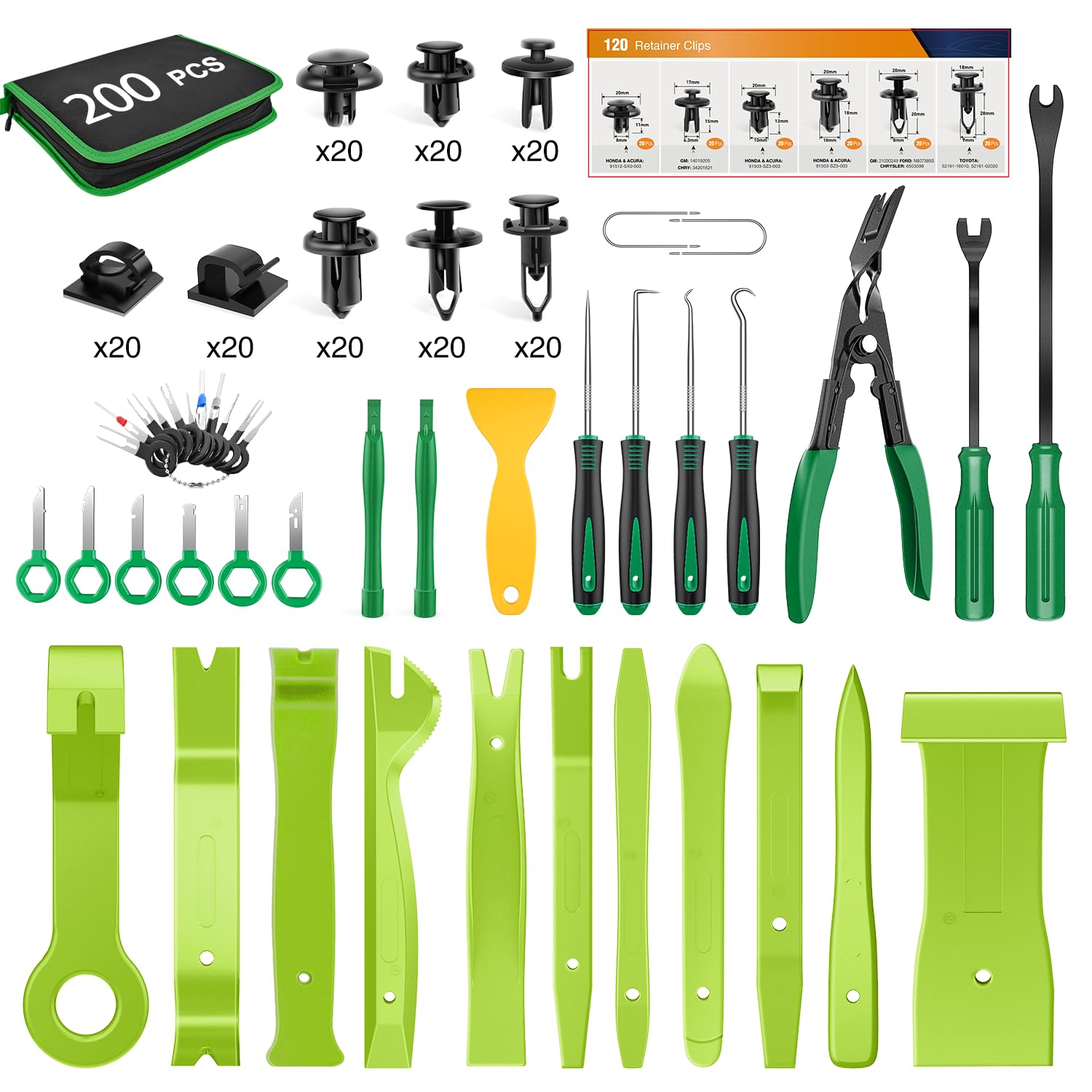 GOOACC 200Pcs Trim Removal Tool, Auto Push Pin Bumper Retainer Clip Set Fastener Terminal Remover Tool Adhesive Cable Clips Round Handle Crowbar Kit Car Panel Radio Removal Auto Clip Pliers, Green Image GOOACC 200Pcs Trim Removal Tool, Auto Push Pin Bumper Retainer Clip Set Fastener Terminal Remover Tool Adhesive Cable Clips Round Handle Crowbar Kit Car Panel Radio Removal Auto Clip Pliers, Green Image