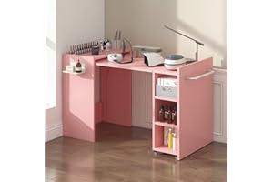 KIKIHOUSE Foldable Manicure Table Nail Desk, Expandable Nail Tech Table with Storage Fabric Drawer & Adjustable Shelves, Wall Mount Nail Station Modern Multipurpose Table for Home Office Beauty Spa Salon, Pink