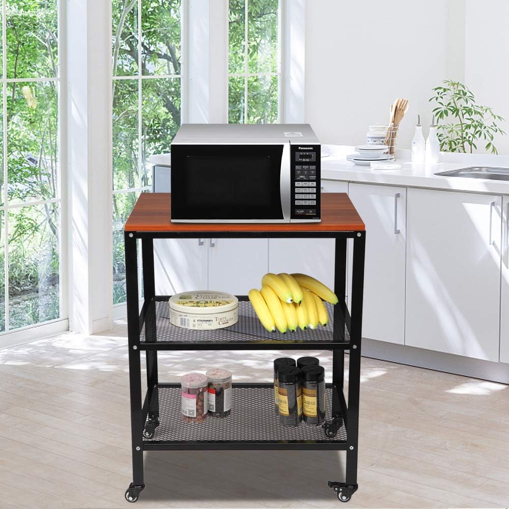 TUFFIOM 3-Tier Kitchen Microwave Cart, Rolling Kitchen Utility Cart, Standing Bakers Rack Storage Cart with Metal Frame for Living Room (Brown) - Standing Baker's Racks