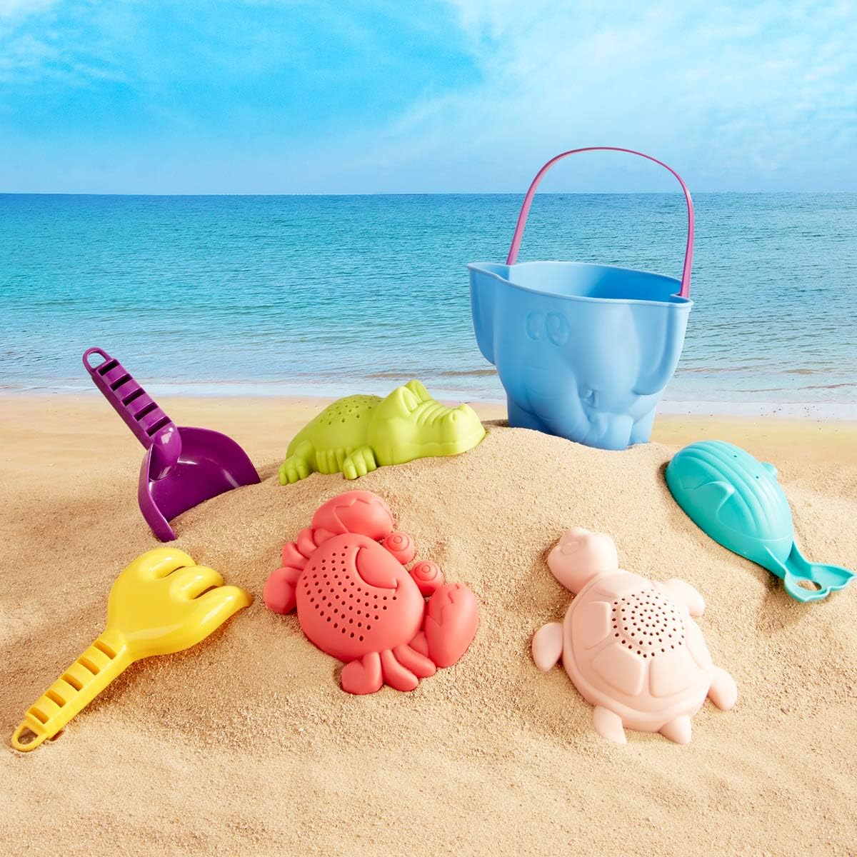Beach Toys Snow Toys Bath Toys for Kids Toddlers Baby, Sand Toys Bucket Rake Shovel Set, Animal Beach Turtle Crocodile Whale Crab Molds Water Toys for 1 Year Old Boy 18 Months Old and up, 7 Pieces: Toys & Games