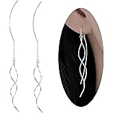 925 Sterling Silver Earrings Fashionable Long Threader Earrings Handmade Twisted Linear Curved Dangle Drop Earrings Hypoallergenic Tiny Twist Earrings For Women Teens Girls