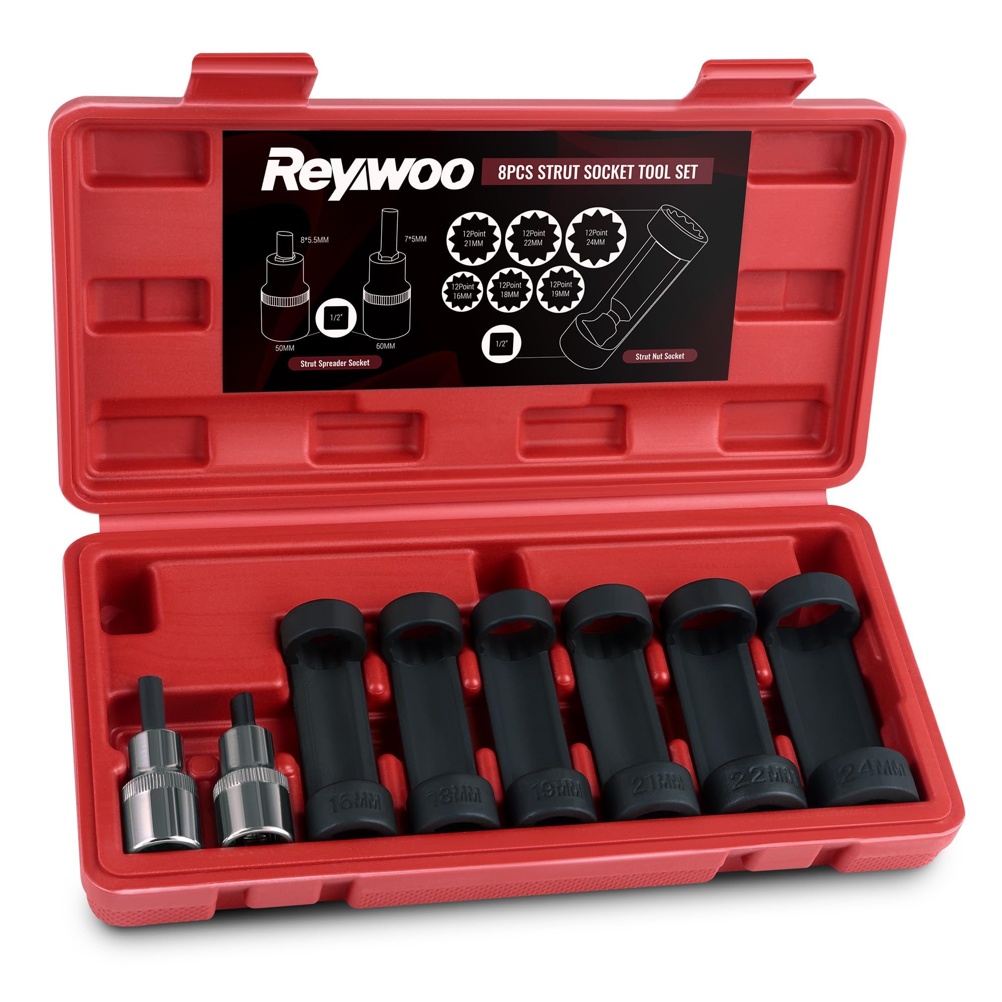 Photo 1 of Reywoo Strut Nut Socket Set, 8Pcs Suspension Strut Spreader Tool 16mm 18mm 19mm 21mm 22mm 24mm with 12 Point 1/2" Drive, Shock Absorber Socket for Easy Remove Strut Nuts