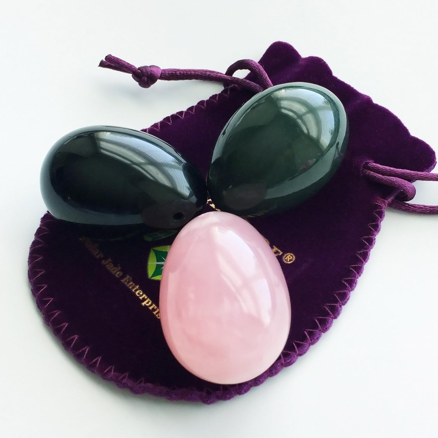 Yoni Eggs 3-pcs Set Made of 3 Gemstones: Nephrite Jade, Rose Quartz & Obsidian, All Medium Size and Drilled - Image 3