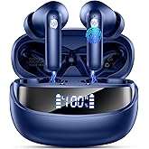 Nerunsa Wireless Earbuds, Bluetooth 5.4 Headphones HiFi Stereo, 50H Playtime in-Ear Headphones with ENC Noise Cancelling Mics, IP7 Waterproof Wireless Headphones, Earbuds with LED Display, Blue