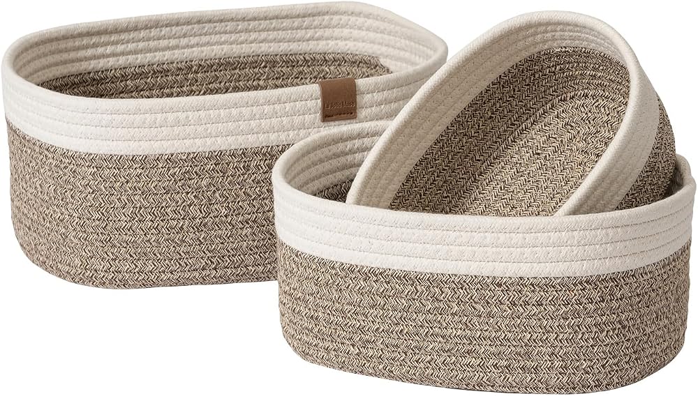 La Jolie Muse Rope Storage Baskets Set of 3 White Brown Cotton