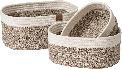 La Jolie Muse Rope Storage Baskets Set of 3 White Brown Cotton
