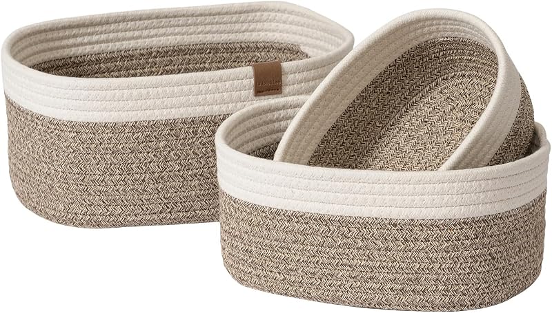La Jolie Muse Rope Storage Baskets Set of 3 White Brown Cotton