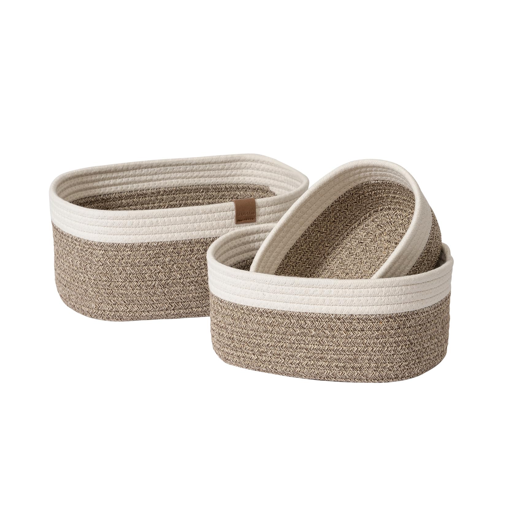 LA JOLIE MUSE Rope Storage Baskets for Organizing, Small Cotton Woven Basket for Bathroom Shelf Nursery, Decorative Basket Organizer Bins Set of 3, White & Brown