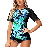 AOBUTE Womens Swim Shirts Zipper Short Sleeve Rash Guard Gradient SPF 50+ Rashguard Wave Blue Green L