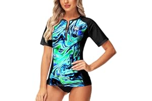 AOBUTE Women Zip Rash Guard UPF 50+ Gradient Short Sleeve Swim Top Surf Shirts
