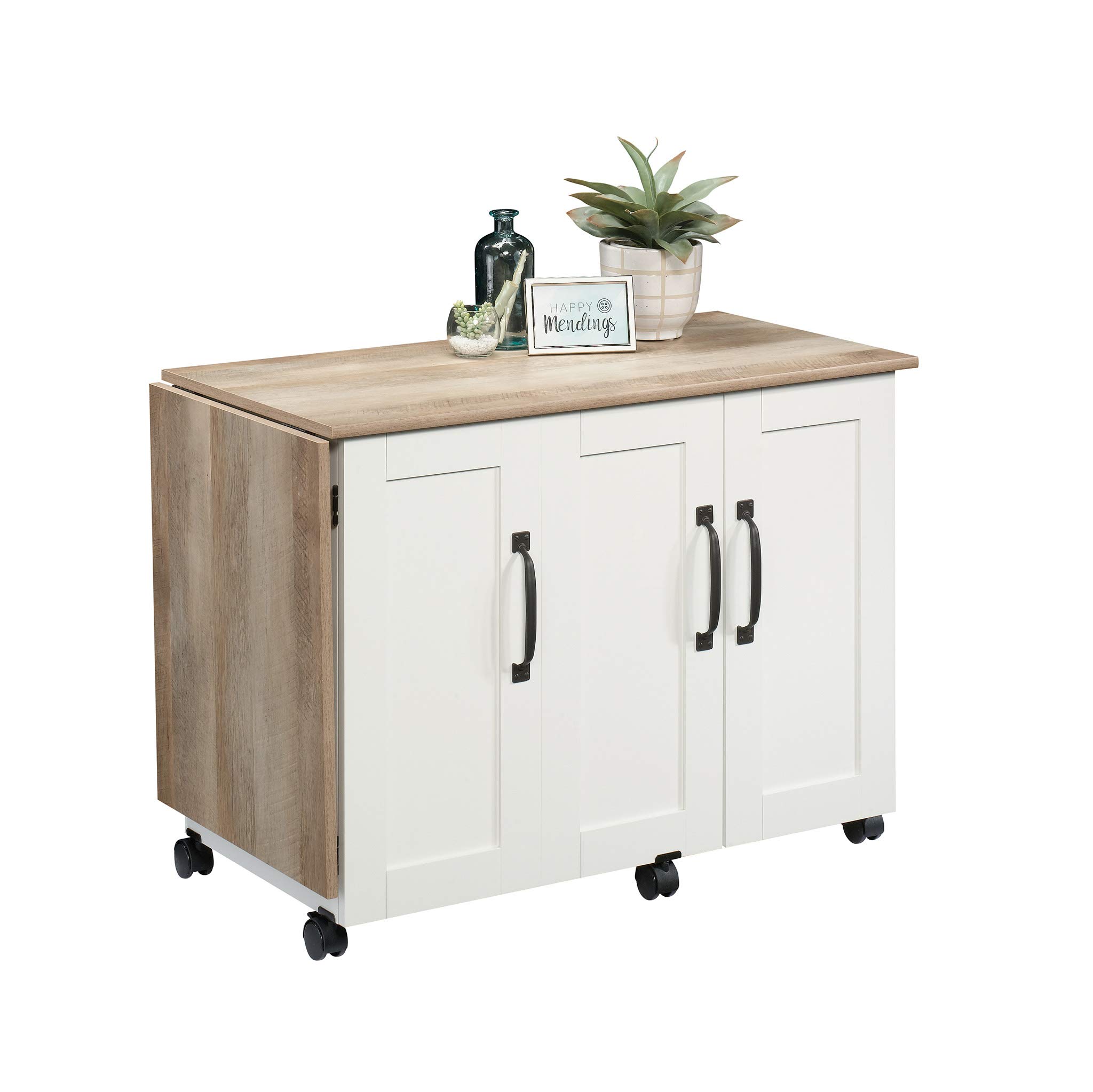 Sauder Miscellaneous Storage Sewing Cart, Drop-Leaf Craft Table, Sewing Table with Storage - Soft White Finish