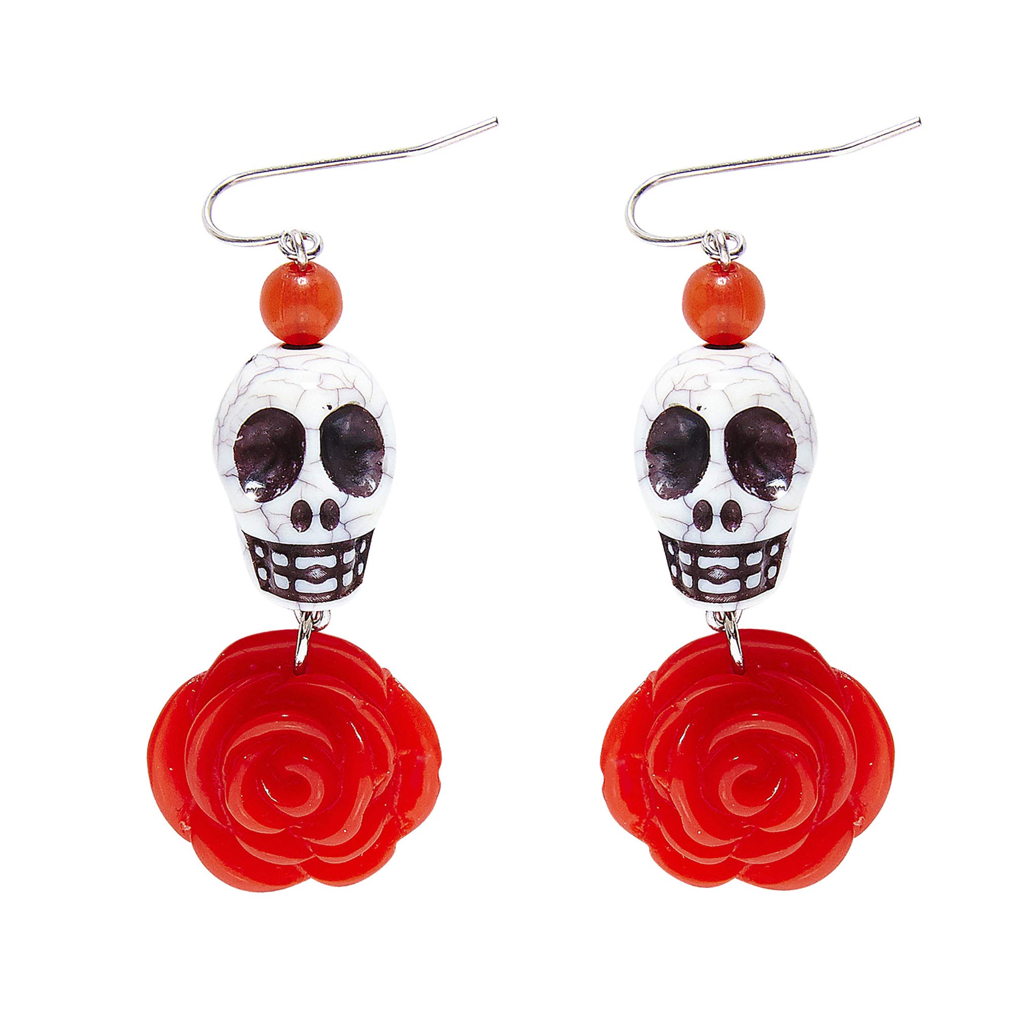 Widmann 03506 - Pair of Earrings with Skull and Rose, Adult Woman, Dia De Los Muertos, Skeletons, Halloween, Carnival, White-Red Color